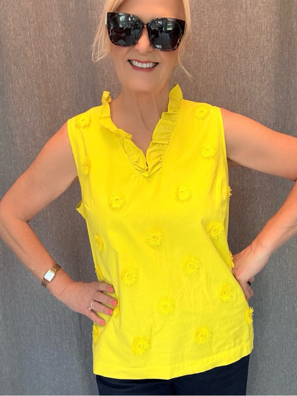 Talbots Bright Yellow Ruffle V-Neck Sleeveless Summer Top XL